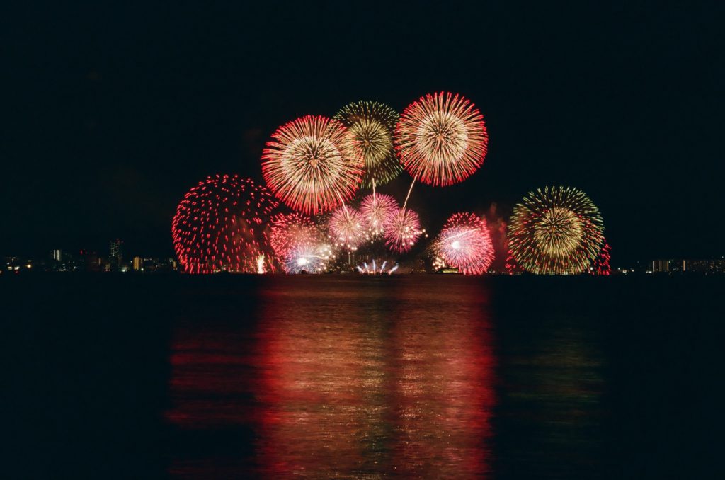 Mirror photography of fireworks display